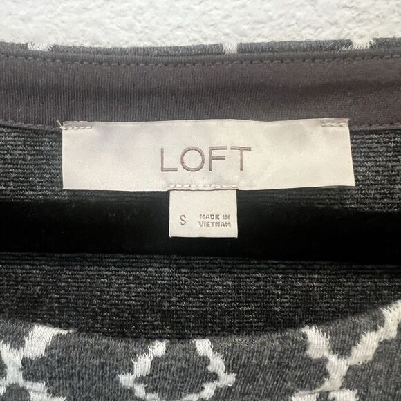 LOFT Dress Womens Size S Gray White Diamond Tie Cuff Sleeve Shift Mini Office - Picture 2 of 7